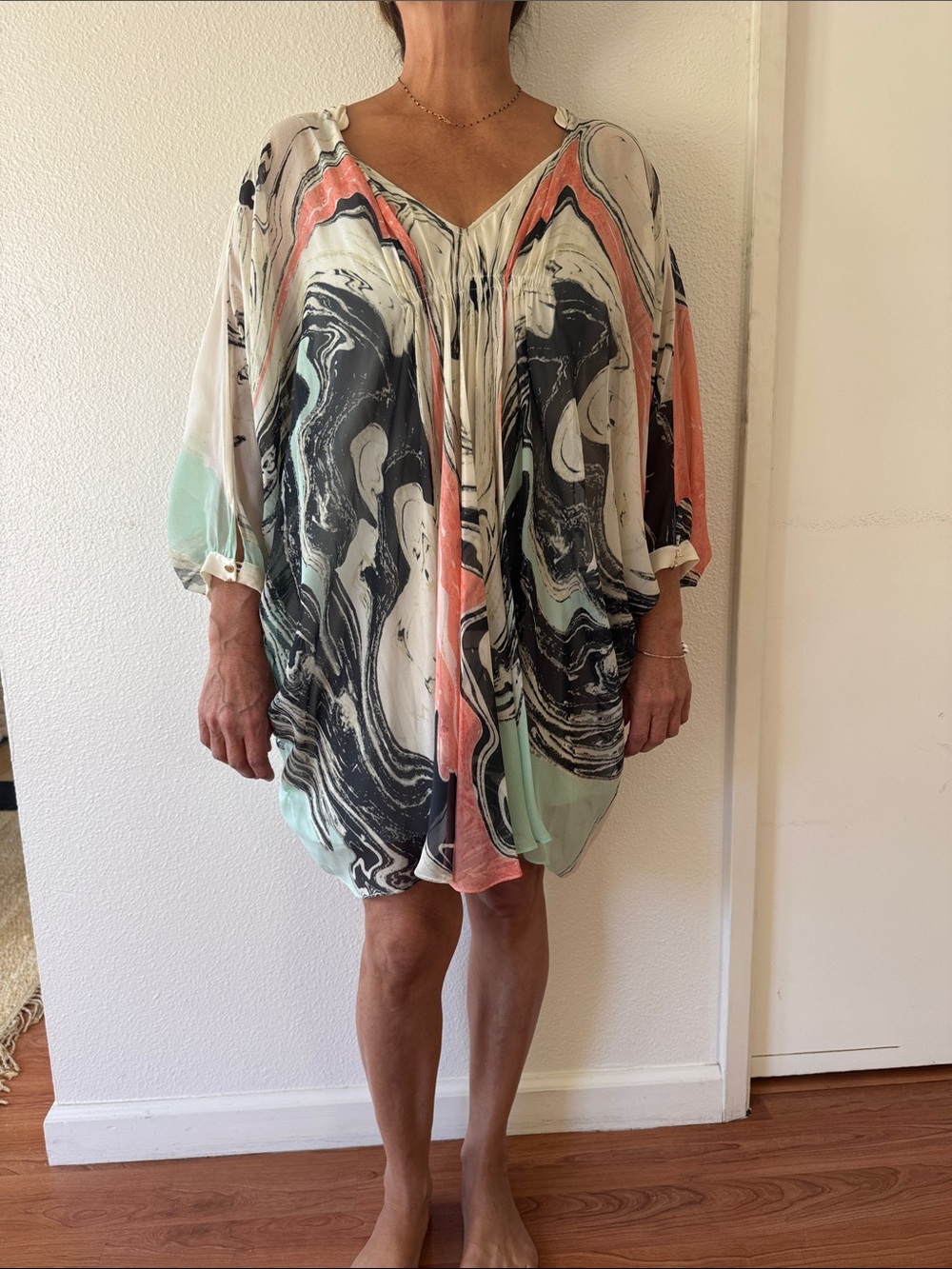 Diane von Furstenberg Coral, Mint & Black Marble Print Tunic Dress